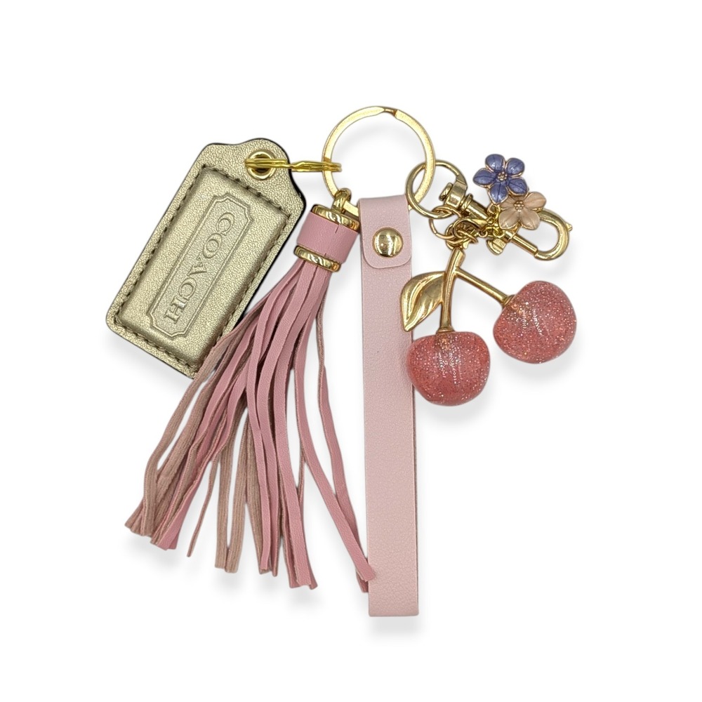 Coach Hangtag with Glitter Cherry Flower Charms Tassel Keychain Wristlet Strap